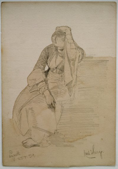Estudo de uma senhora sentada, Nazaré, 1859 (lápis e wc lavados em papel) de Carl Haag