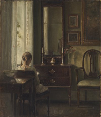 Interior com uma menina lendo de Carl Holsoe