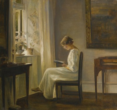 Interior com uma mulher lendo de Carl Holsoe