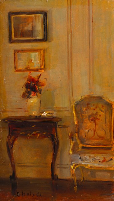 Interior de uma sala de estar (óleo no painel) de Carl Holsoe