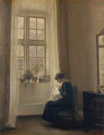 Uma menina costurando em um interior (óleo sobre tela) de Carl Holsoe