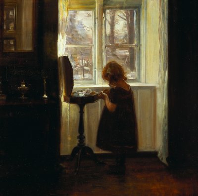 Uma garota de pé ao lado de uma mesa de costura (óleo sobre tela) de Carl Holsoe