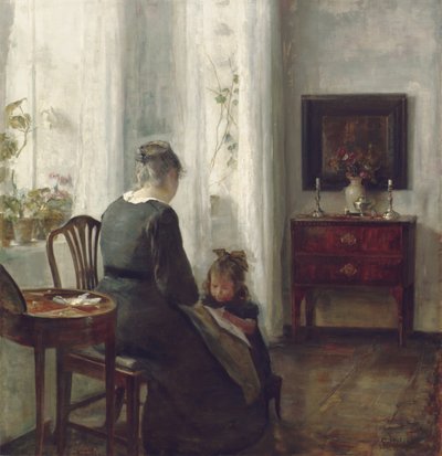 Mãe e filho em um interior (óleo sobre tela) de Carl Holsoe