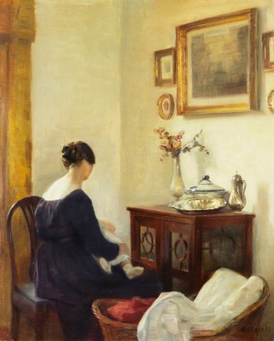 Uma mãe e uma criança em um interior (óleo sobre tela) de Carl Holsoe