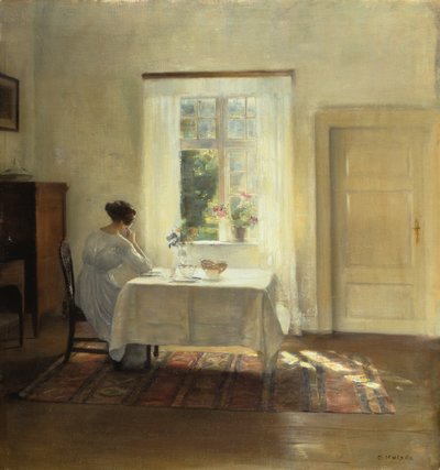 Uma Mulher Sentada à Mesa por uma Janela, c.1900 (óleo sobre tela) de Carl Holsoe