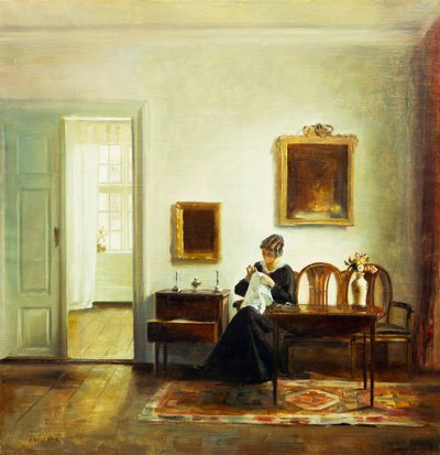 Uma mulher costurando em um interior (óleo sobre tela) de Carl Holsoe