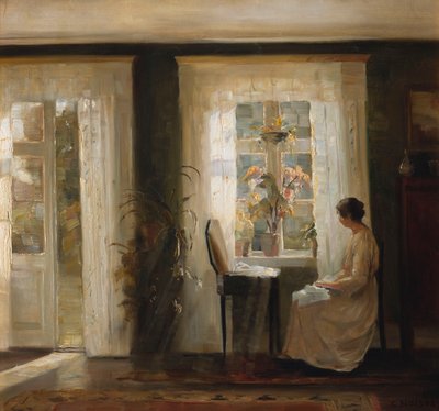 Mulher em uma janela ensolarada (óleo sobre tela) de Carl Holsoe