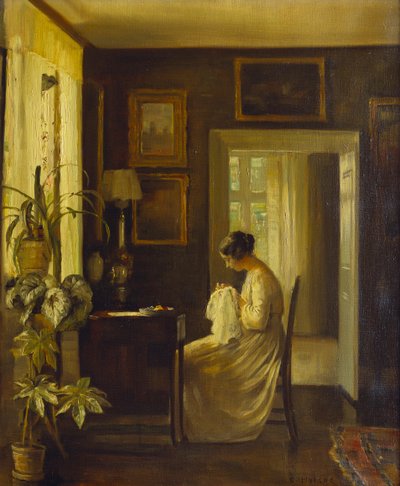 Um interior com uma mulher costurando (óleo sobre tela) de Carl Holsoe