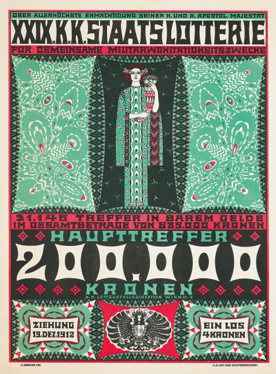 Cartaz anunciando a 24ª loteria de caridade real austríaca em 1912 de Carl Krenek
