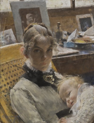 Um Idílio Studio: A Esposa Artistas e sua Filha Suzanne, 1885 (pastel) de Carl Larsson