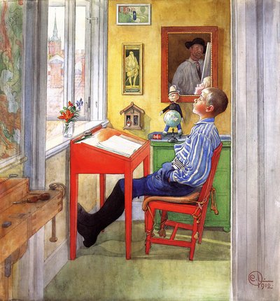 Esbjorn fazendo sua lição de casa, 1912 (wc, guache e lápis em papel sobre tela) de Carl Larsson