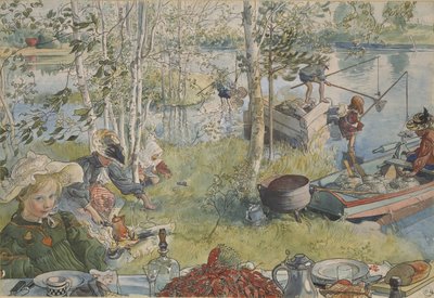 La peche aux ecrevisses - Crayfishing, de Larsson, Carl (1853-1919). Cores acrílicas sobre papel. Dimensão : 32x43 cm. Nationalmuseum Stockholm de Carl Larsson