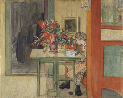 Lisbeth Reading (wc com têmpera no papel) de Carl Larsson