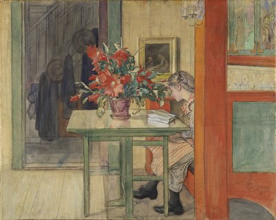 Lisbeth lisant - Lisbeth Reading, de Larsson, Carl (1853-1919). Aquarela e têmpera no papel de Carl Larsson