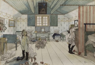 Mammas e o Quarto das Meninas Pequenas, da série A Home, c.1895 (wc on paper) de Carl Larsson