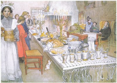 Na véspera de Natal, a enorme mesa comprida do salão está completamente coberta de comida (litografia a cores) de Carl Larsson