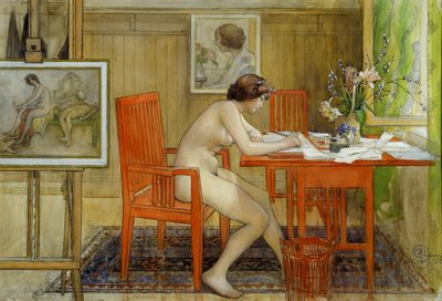 O Modelo Escrevendo um Cartão Postal de Carl Larsson