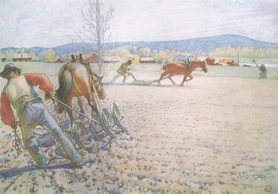 Os dois homens com suas grades trabalharam metodicamente para lá e para cá de Carl Larsson
