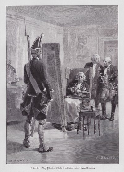 Rei Frederick William I da Prússia pintando uma granadeiro da sua Potsdamer Riesengarde (Guarda Gigante de Potsdam) (gravura) de Carl Ludwig Friedrich (after) Becker
