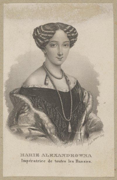 Maria Alexandrovna (nascida Maximiliana Wilhelmina Maria de Hesse-Darmstadt, 1824 Darmstadt - 1880 São Petersburgo) - filha mais nova de Luís II de Hesse e de Guilhermina de Baden, princesa de Hesse, imperatriz da Rússia como esposa do czar Alexandre II de Carl Mayer