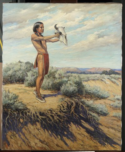 Menino indiano com crânio de búfalo (óleo sobre tela) de Carl Moon