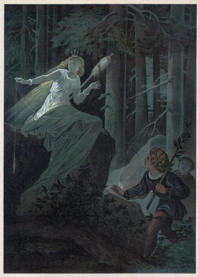 A taxa a fugir com um fuso dourado estava a cantar o destino de um botão dourado. Ilustração de Carl Offterdinger (1829-1889) em "Bouton d