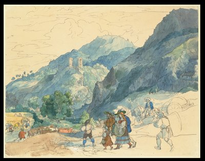 Paisagem perto de Innsbruck, com as ruínas de Fragenstein e camponeses a regressar a casa e a trabalhar nos campos de Carl Philipp Fohr