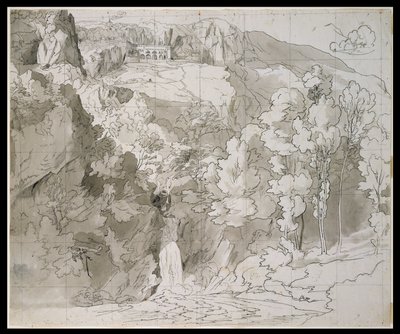 Paisagem perto de Subiaco com uma cascata e o mosteiro de San Benedetto de Carl Philipp Fohr