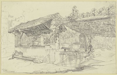 Casa de poço com telhado de palha e tanque de lavar junto a uma latada de Carl Philipp Fohr