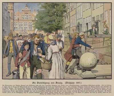 Civis ajudando os feridos prussianos durante a defesa de Danzig, Primavera de 1807 (cor litho) de Carl Röchling