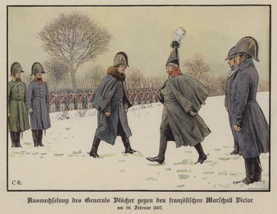 Troca de Marechais de Campo Prussianos e Franceses Capturados Gebhard Blucher e Claude Victor-Perrin, 20 de Fevereiro de 1807 (cor litho) de Carl Röchling