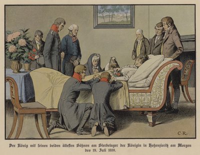 O Rei Frederick William III da Prússia e seus dois filhos mais velhos ao lado do leito de morte da Rainha Luísa na manhã de 19 de julho de 1810 (cor litho) de Carl Röchling