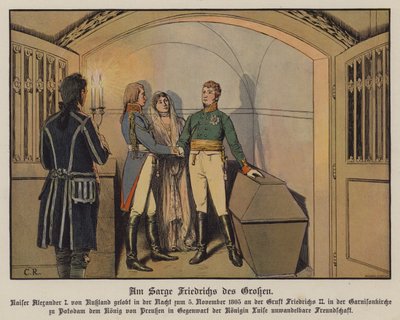 O czar Alexandre I da Rússia visitando o túmulo de Frederico o Grande em Potsdam com o rei Frederico Guilherme III e a rainha Luísa da Prússia e jurando a sua inabalável amizade, 5 de Novembro de 1805 (cor litho) de Carl Röchling