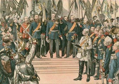 Guilherme I, rei da Prússia e primeiro imperador alemão (1797-1888), é reconhecido como o Kaiser do recém-unido Império Alemão no Tratado de Versalhes em 1871. de Carl Rohling