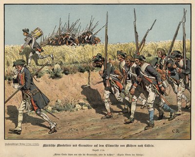 Mosqueteiros e granadeiros prussianos na marcha de Mahren para Kustrin de Carl Röchling
