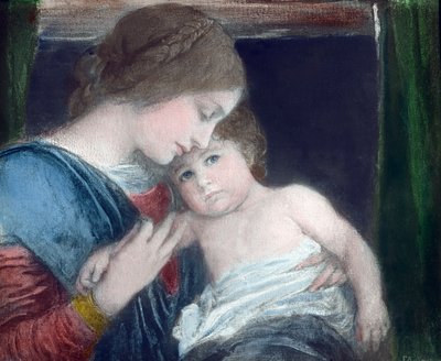 Mãe com filho do pintor histórico alemão Friedrich August von Kaulbach (1850 - 1920). Pastel sobre cartão, pintado em 1900. Arquivo Carl Simon de Carl Simon