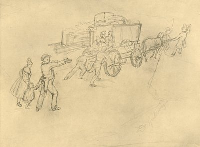 O ator Thespiskarren na estrada, meados do século XIX, c1924. de Carl Spitzweg