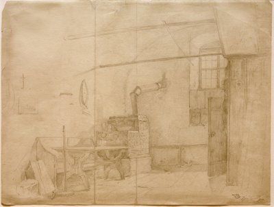 Fogão com azulejos na sala da fazenda de Carl Spitzweg
