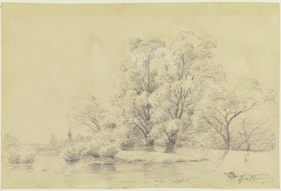 Paisagem com árvores junto à água, ao longe a torre de uma igreja de aldeia de Carl Spitzweg