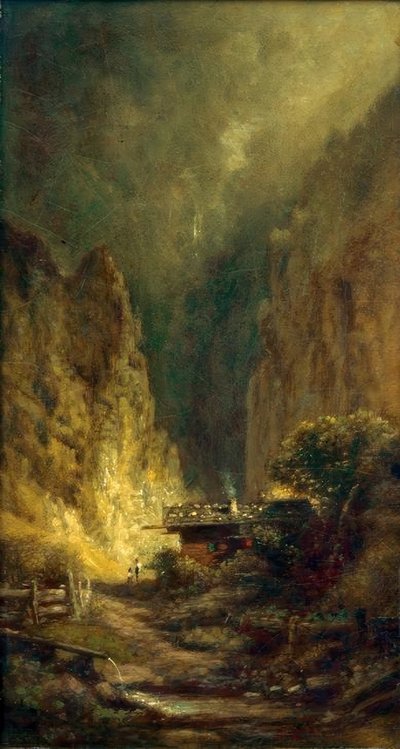 Moinho na frente de um canyon com duas figuras de Carl Spitzweg
