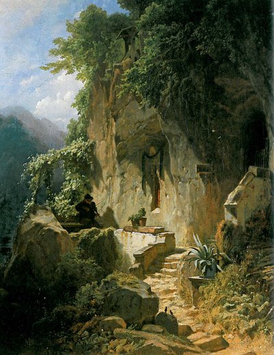 Músico eremita na frente de sua Rockklause de Carl Spitzweg