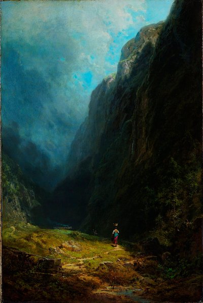 ""Paysage de haute vallee alpino"" Vue du mont Wendelstein Allemagne (Na paisagem alpina do alto vale com o Monte Wendelstein) Peinture de Carl Spitzweg (1808-1885) Óleo sobre tela vers. 1871 Dim 88.5x59 cm Museum Kunstpalast, Dusseldorf de Carl Spitzweg