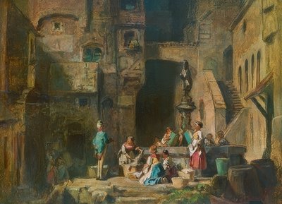 Lavadeiras na fonte. Por volta de 1882 de Carl Spitzweg