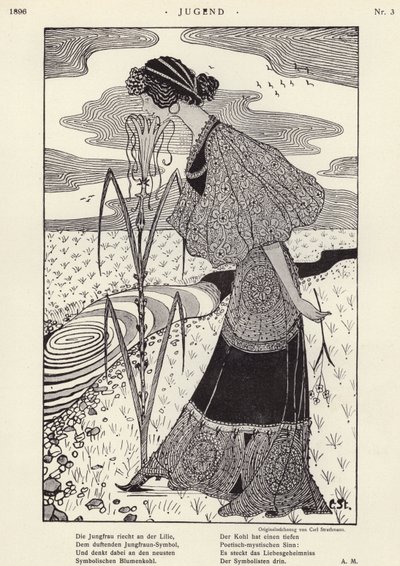 Mulher a cheirar uma flor (litho) de Carl Strathmann