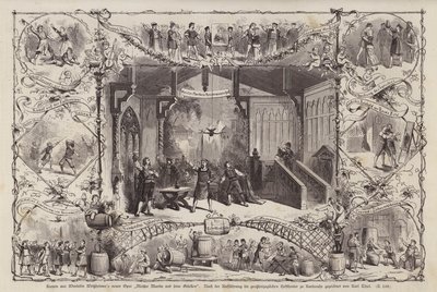 Cenas da ópera do compositor alemão Wendelin Weissheimer Meister Martin und Seine Gesellen (Mestre Martin e seus companheiros), interpretada no Grossherzoglichen Hoftheater, Karlsruhe, Alemanha (gravura) de Carl Thiel