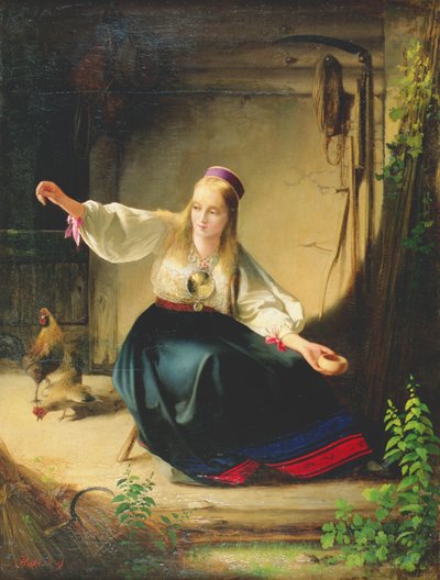 Uma menina alimentando galinhas, 1839 de Carl Timoleon von Neff