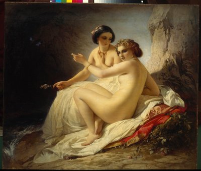 "Duas meninas em uma caverna" (Deux jeunes filles dans une grotto) Pintura de Timofei Neff (Carl Timoleon von Neff) (1805-1876) - 1859 - Óleo sobre tela - Museu Estatal da Rússia, São Petersburgo de Carl Timoleon von Neff