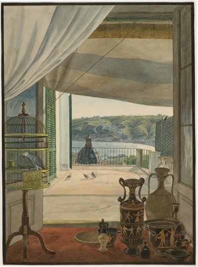 Antiguidades por uma varanda com vista para o Golfo de Nápoles de Carl Wilhelm Götzloff