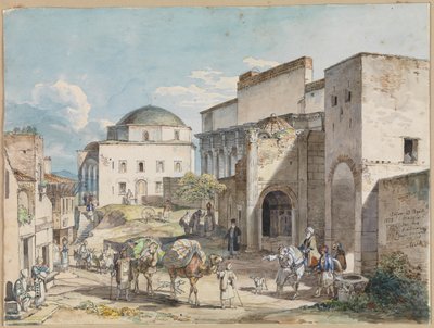 Festa de rua em Atenas. Com o Palácio Hadji Hazekis e a Mesquita Tzistarakis de Carl Wilhelm Heideck