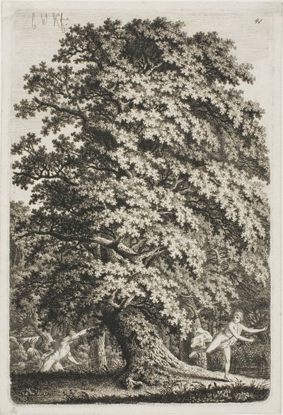 Mulher a fugir de um homem que segura uma lança na floresta de Carl Wilhelm Kolbe the elder